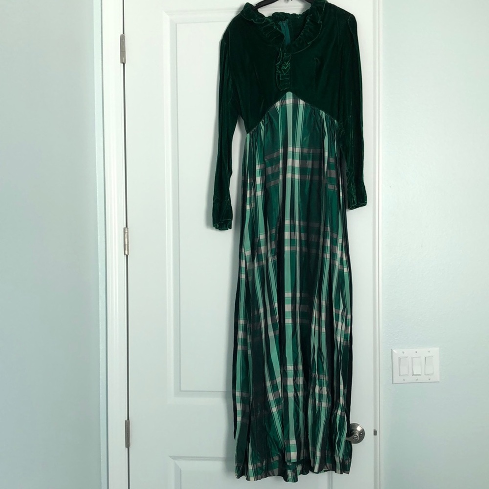 Vintage 1960’s Lorrie Deb Girls Green Velvet Plaid Taffeta Maxi Dress